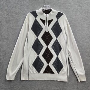 BKE Buckle Men Sweater Large White Foster Argyle 1/4‎ Zip Long Sleeve Mock Neck